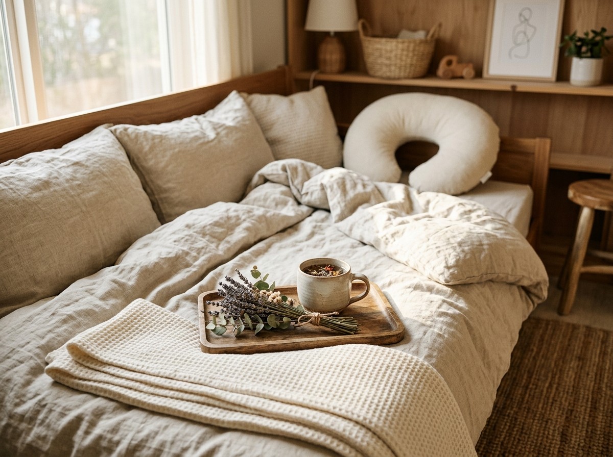 Folded soft muslin cloth beside a breastfeeding pillow and morning tea